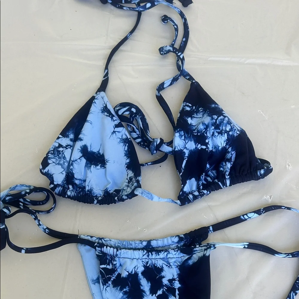 Frankie's Bikinis Blue Tie-Dye String Bikini Set